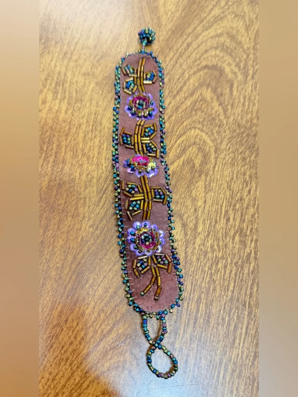 Handmade Beaded Floral Women’s Bracelet - Brown with Multicolor Beads - Picture 2 of 3